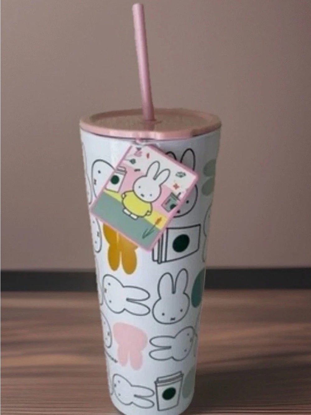 Starbucks White Bunny Pattern Tumbler with Pink Lid and Straw
